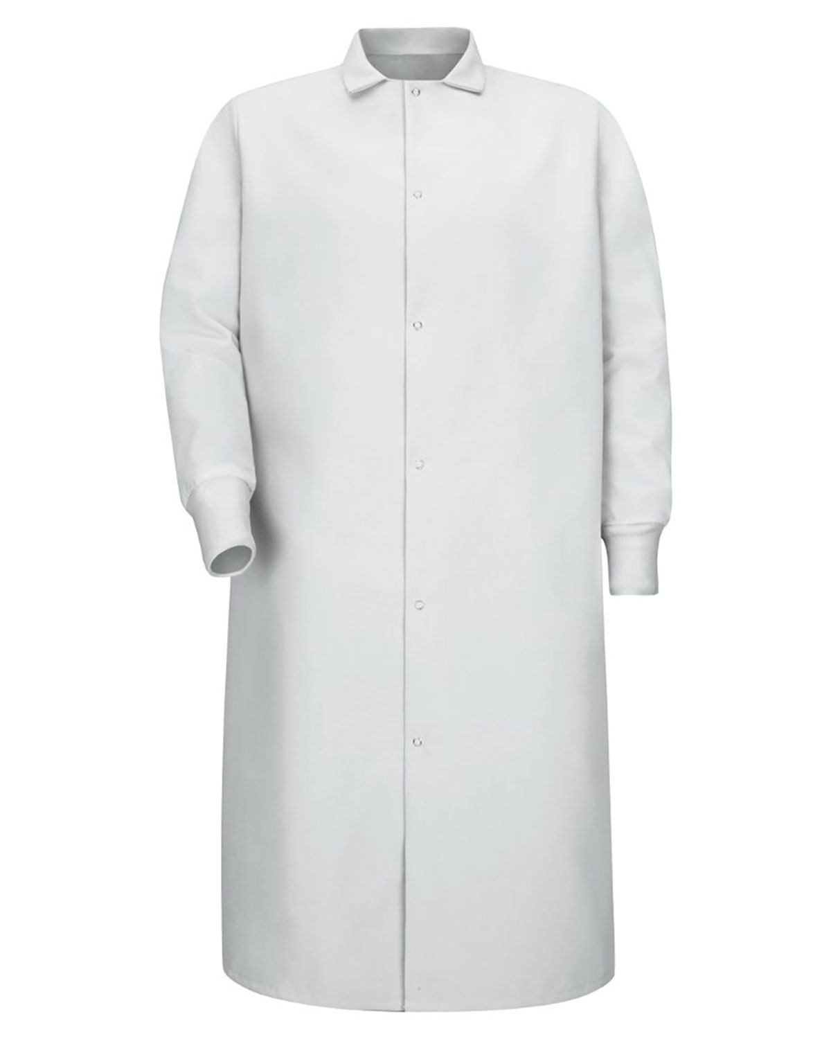 Gripper-Front Pocketless Butcher Coat With Knit Cuffs